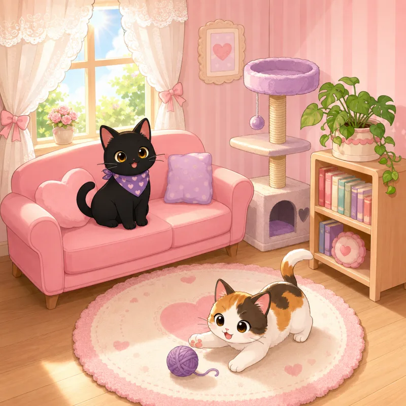 ソファやキャットタワーを置いたパステルカラーのお部屋